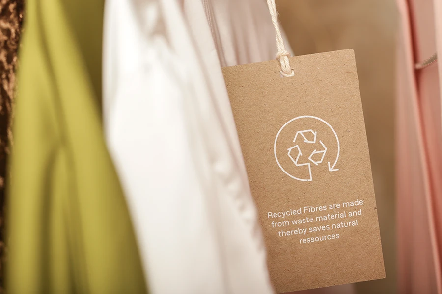 Close up of sportswear clothing tag with recycle icon