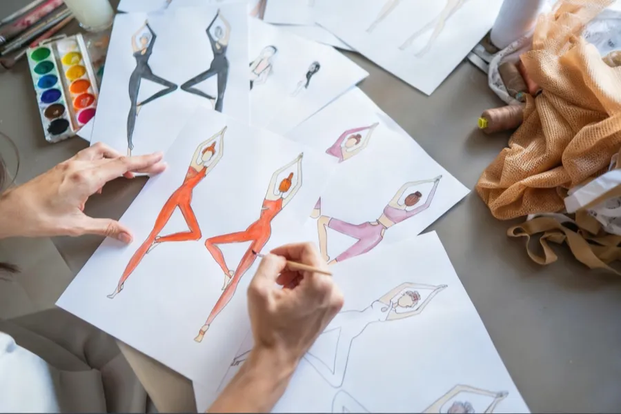 woman draws watercolor sketches of sportswear